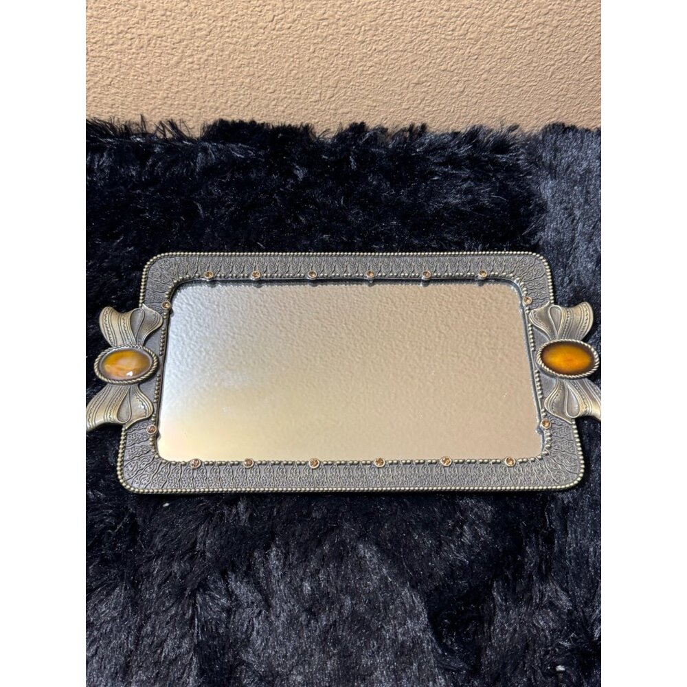 Decorative Rectangular Vanity Mirror With Antique-Style Metal Frame & Amber Gem